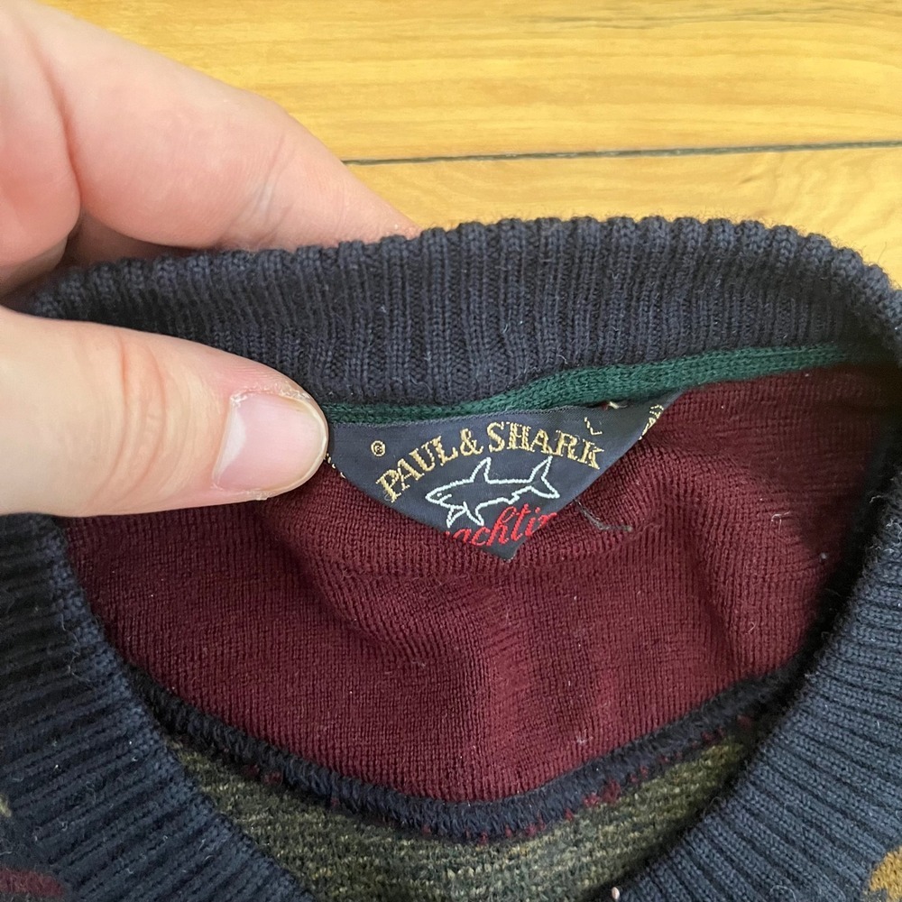 Paul & Shark Yachting Mens Vintage Wool Geometric Knit Sweater Navy Burgundy L - Picture 3 of 7